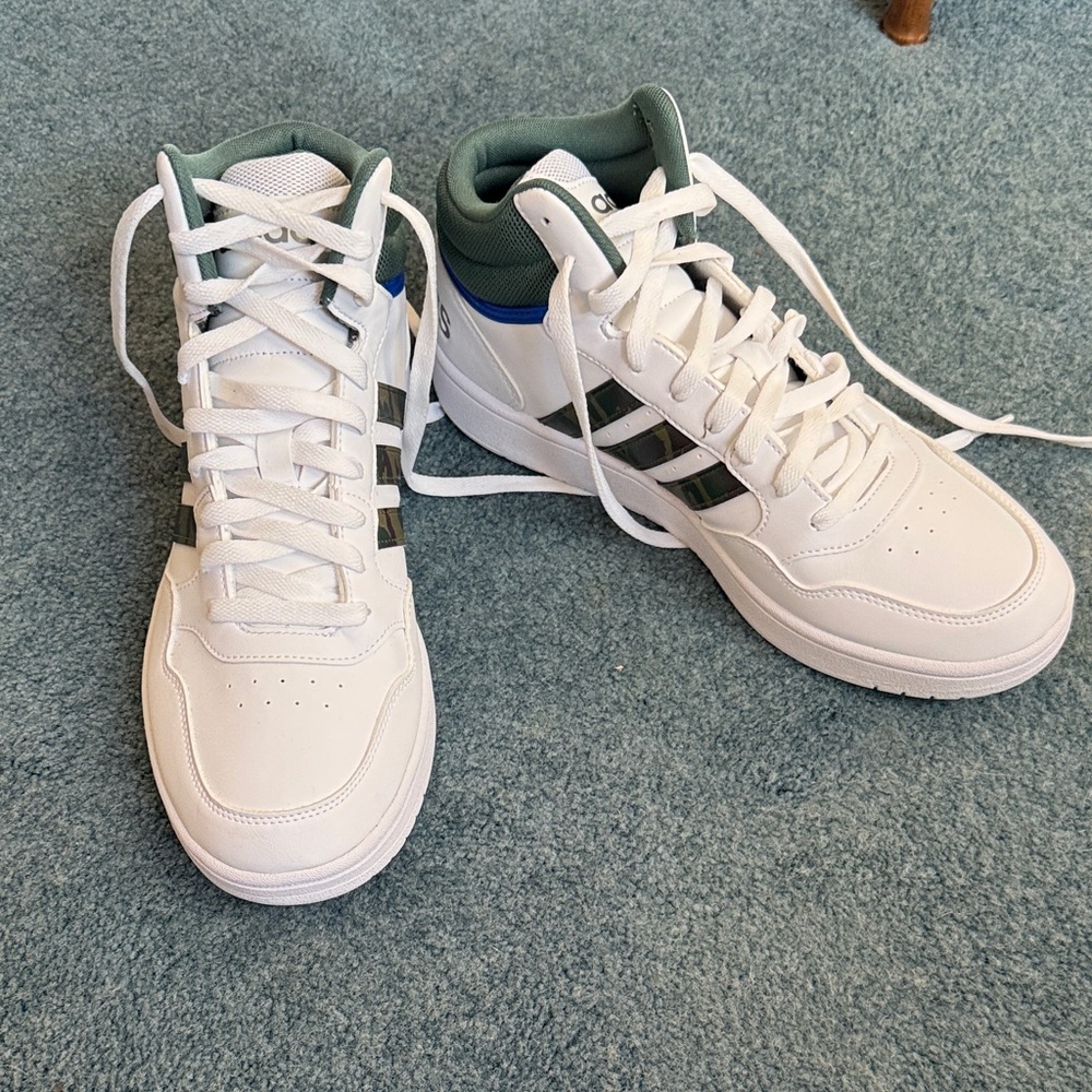 Adidas White and Green High-Tops with Blue Accents